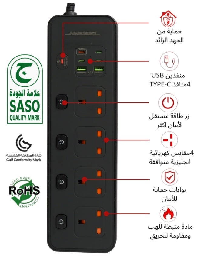 جيبيل توصيلة كهرباء فولتكس جيبيل | بقدرة 3250 واط 4 مقابس UK مستقلة + 2 USB + 4 USB-C PD طول السلك 3 متر – حماية متقدمة – معتمدة SASO - Image 2